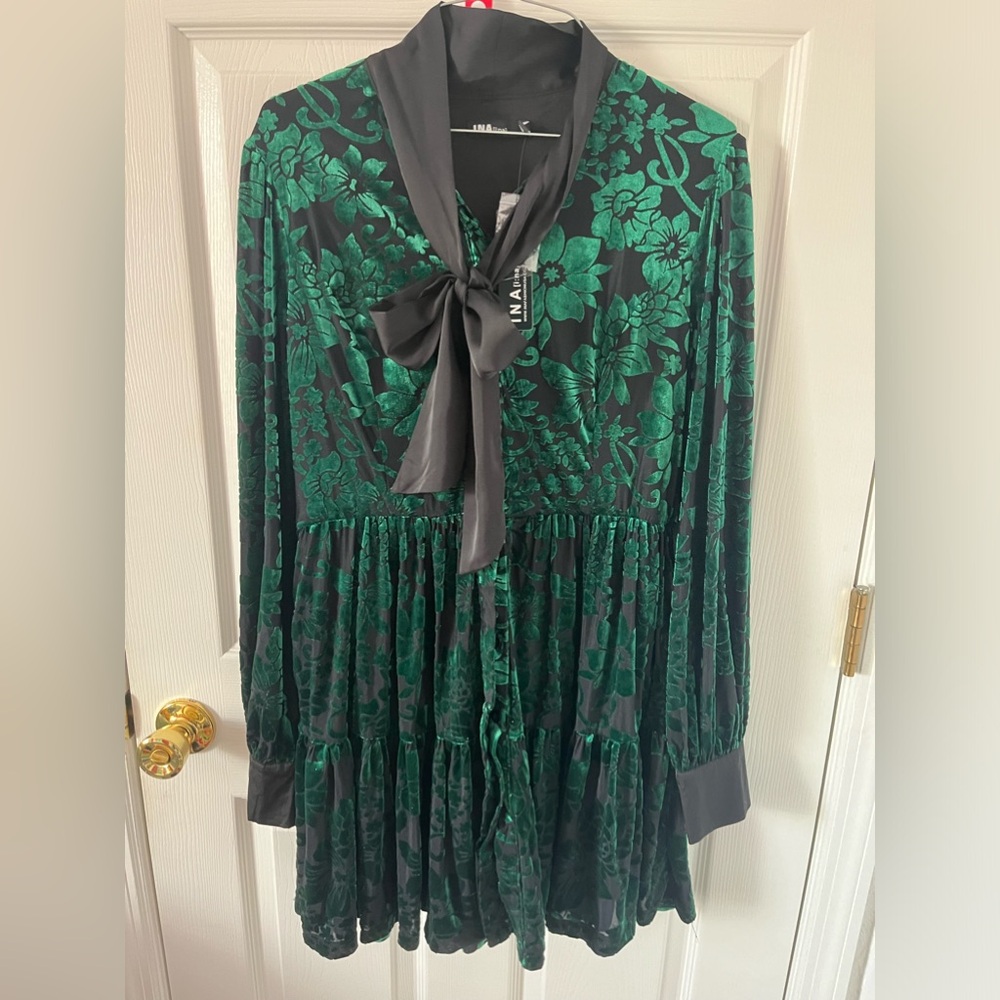 INA tiered button front black dress with green velvet flowers